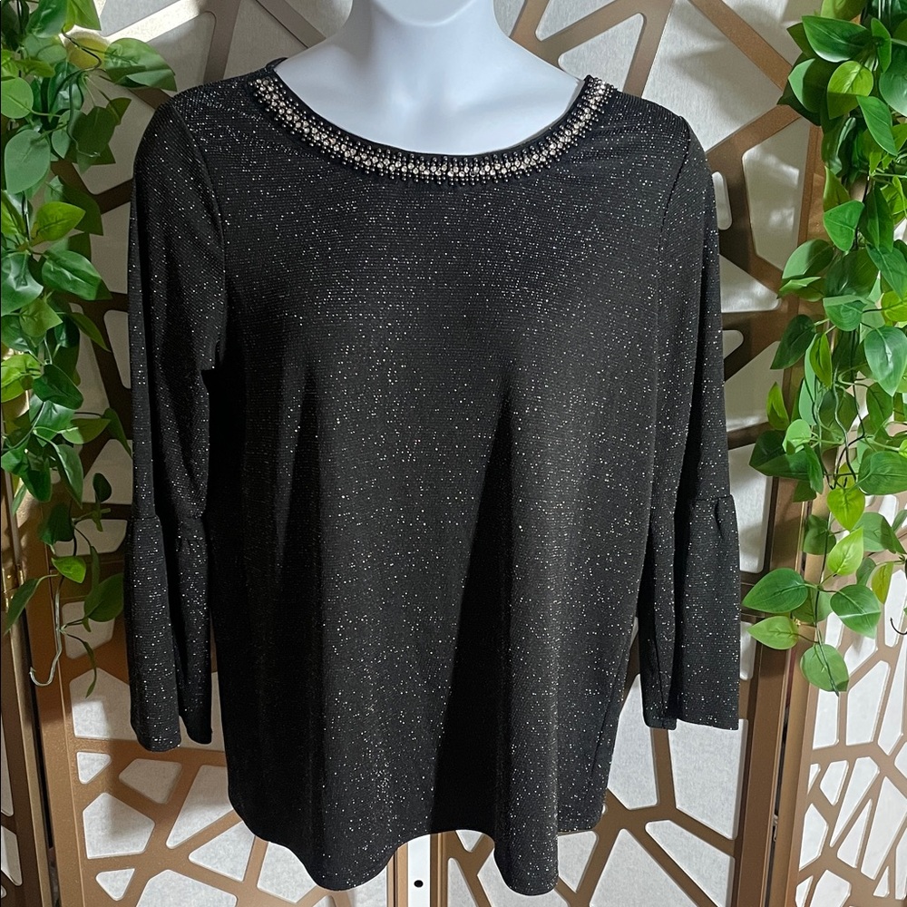 Raphael Sparkling Black Women's Blouse with Beaded Neckline, XL